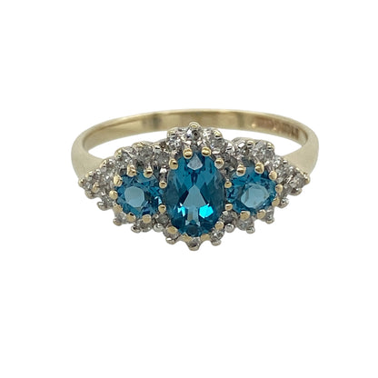 9ct Gold Diamond & Blue Topaz Cluster Trilogy Ring