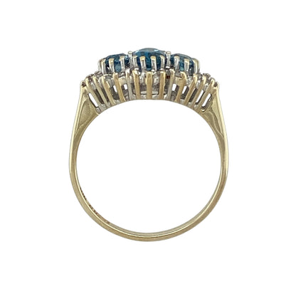 9ct Gold Diamond & Blue Topaz Cluster Trilogy Ring