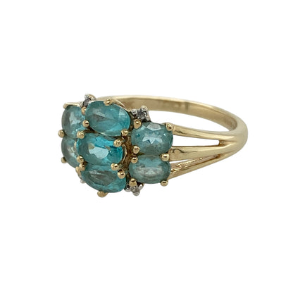 Add elegant sparkle and rich colour to your jewellery collection with this pre-owned 9ct yellow gold diamond and blue stone cluster ring, featuring a timeless cluster design with eye-catching brilliance—perfect for special occasions, gifting, or sophisticated everyday wear.

Design: The ring features a striking cluster arrangement of blue stones surrounded by sparkling diamond accents, creating a bold and elegant appearance.