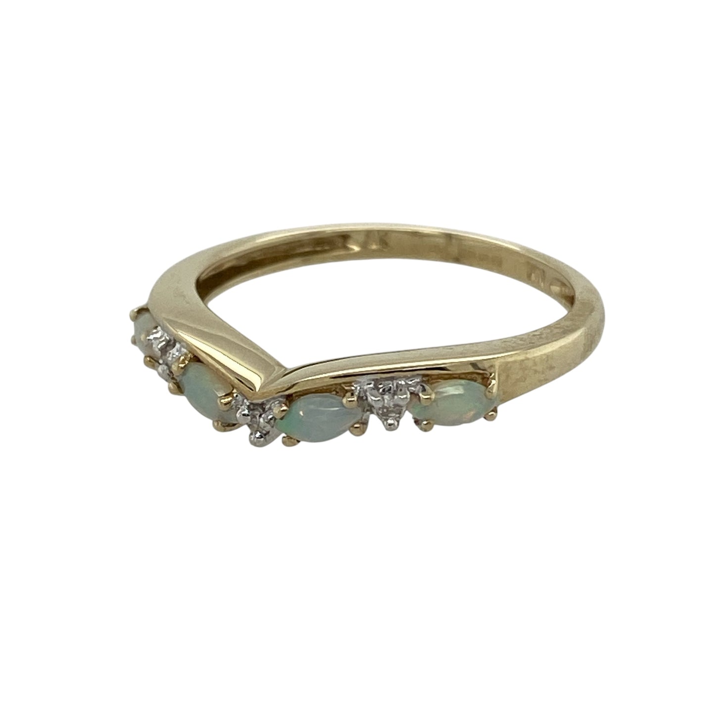 Add delicate colour and timeless elegance to your jewellery collection with this pre-owned 9ct yellow gold diamond and opal wishbone ring, featuring a graceful shaped design with luminous opal detail—perfect for stacking, everyday wear, or meaningful gifting.

Design: The ring features a classic wishbone shape with marquise-cut opal stones measuring approximately 4mm by 2mm each, accented by delicate diamond detailing for subtle sparkle.