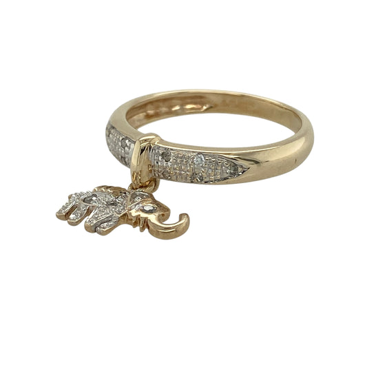Add playful charm and timeless sparkle to your jewellery collection with this pre-owned 9ct yellow and white gold diamond band ring, featuring a delicate elephant charm detail with elegant two-tone styling—perfect for everyday wear, gifting, or meaningful jewellery collections.

Design: The ring features a stylish band design measuring approximately 3.5mm wide at the front, accented with sparkling diamond detailing and a charming elephant motif for a unique and eye-catching appearance.