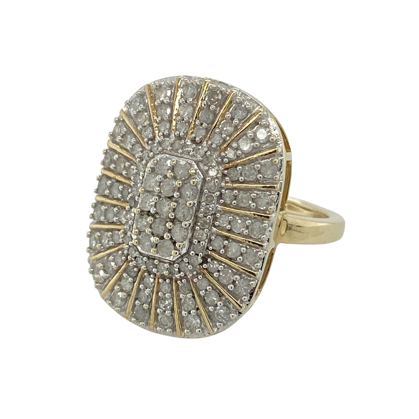 Add luxurious sparkle and statement style to your jewellery collection with this pre-owned 9ct yellow and white gold diamond set large cluster ring, featuring an eye-catching multi-diamond design with timeless elegance—perfect for special occasions, evening wear, or glamorous everyday styling.

Design: The ring features a bold large cluster design measuring approximately 20mm high across the front, creating a striking and elegant appearance with exceptional brilliance.