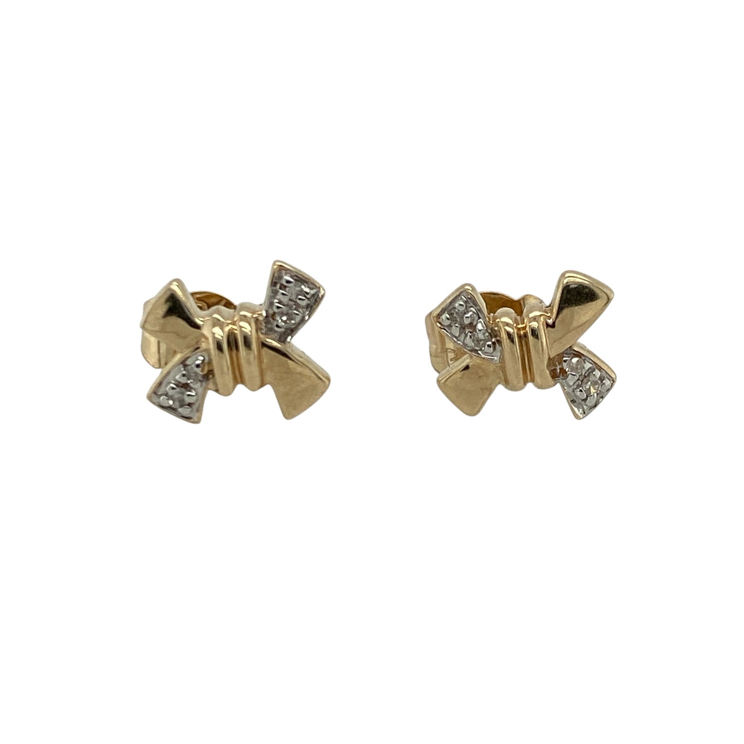 Add feminine elegance and timeless sparkle to your jewellery collection with these pre-owned 9ct yellow and white gold diamond bow stud earrings, featuring a charming two-tone design with delicate diamond detail—perfect for gifting, special occasions, or sophisticated everyday wear.

Design: The earrings feature elegant bow-shaped stud designs with contrasting yellow and white gold detailing, accented with sparkling diamonds for a refined and eye-catching finish.