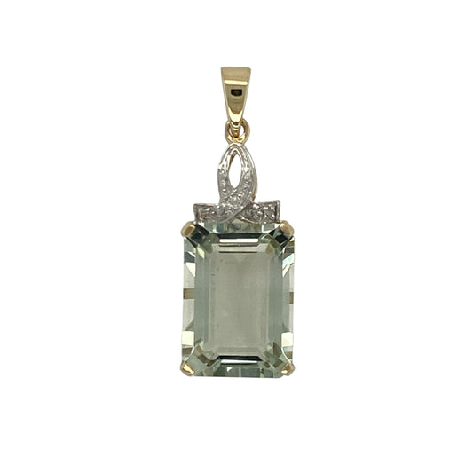 9ct Gold Diamond & Green Amethyst Rectangle Pendant