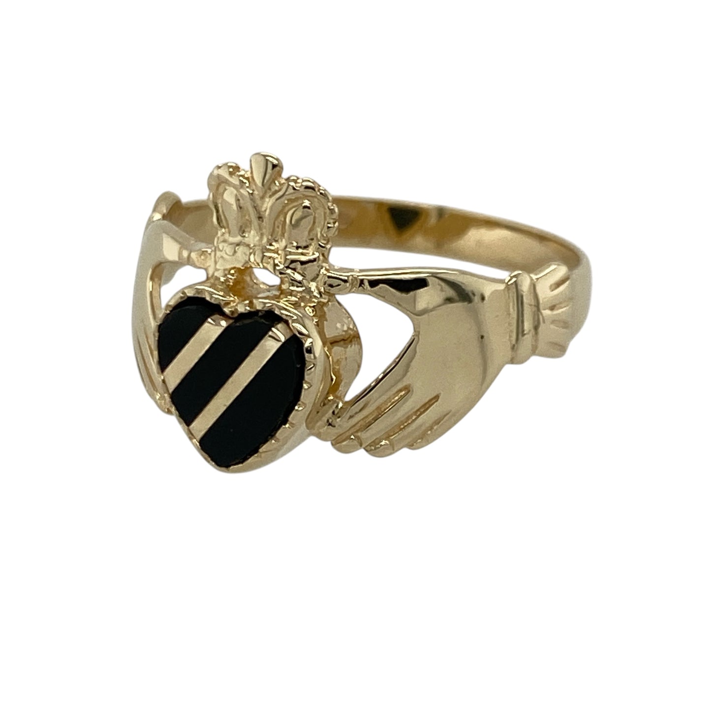 Celebrate timeless symbolism and classic Irish heritage with this pre-owned 9ct yellow gold onyx Claddagh ring, featuring a striking heart-shaped gemstone with meaningful everyday appeal—perfect for gifting, sentimental wear, or traditional jewellery collections.

Design: The ring features the iconic Claddagh design with hands holding a heart topped by a crown, symbolising love, loyalty, and friendship.