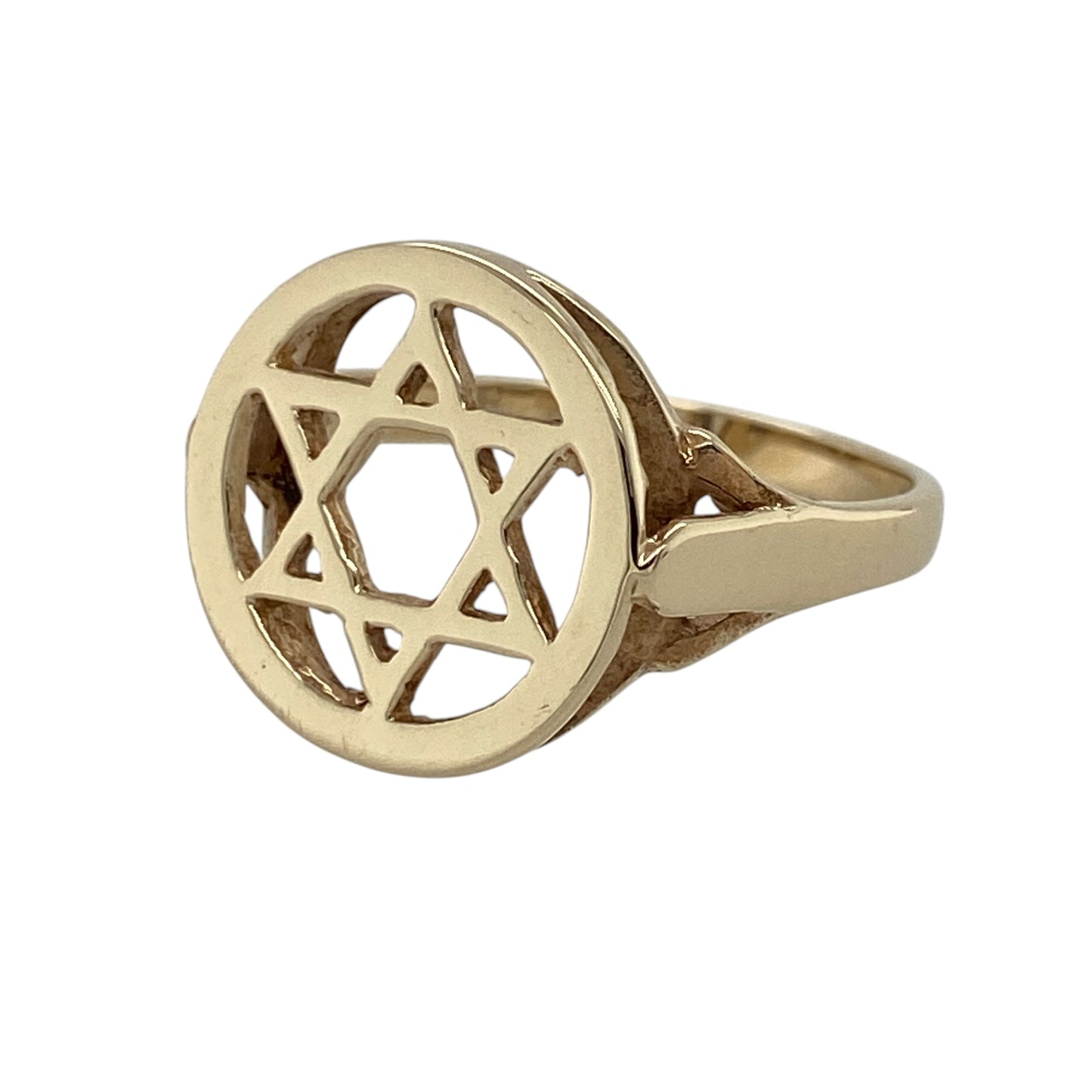 Celebrate heritage and timeless style with this pre-owned 9ct yellow gold Star of David round signet ring, featuring a bold symbolic design with classic everyday appeal—perfect for meaningful wear, gifting, or traditional jewellery collections.

Design: The ring features a striking round signet front showcasing the iconic Star of David motif, measuring approximately 14mm high for a bold and eye-catching appearance on the hand.