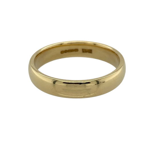 Celebrate timeless elegance with this pre-owned 18ct yellow gold wedding band ring, featuring a classic polished finish and traditional profile with enduring everyday appeal—perfect as a wedding ring, stacking band, or sophisticated jewellery essential.

Design: The ring features a traditional plain band design with a smooth polished finish and a classic 4mm width, offering a clean and timeless look suitable for any occasion.