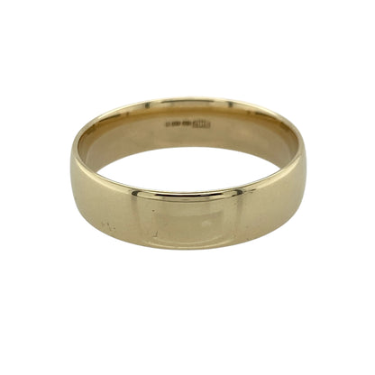 Celebrate timeless style with this pre-owned 9ct yellow gold wedding band ring, featuring a classic wide profile and polished finish with enduring everyday appeal—perfect as a wedding ring, anniversary band, or versatile jewellery essential.

Design: The ring features a traditional plain band design with a smooth polished finish and a substantial 6mm width, creating a bold and timeless look suitable for everyday wear.