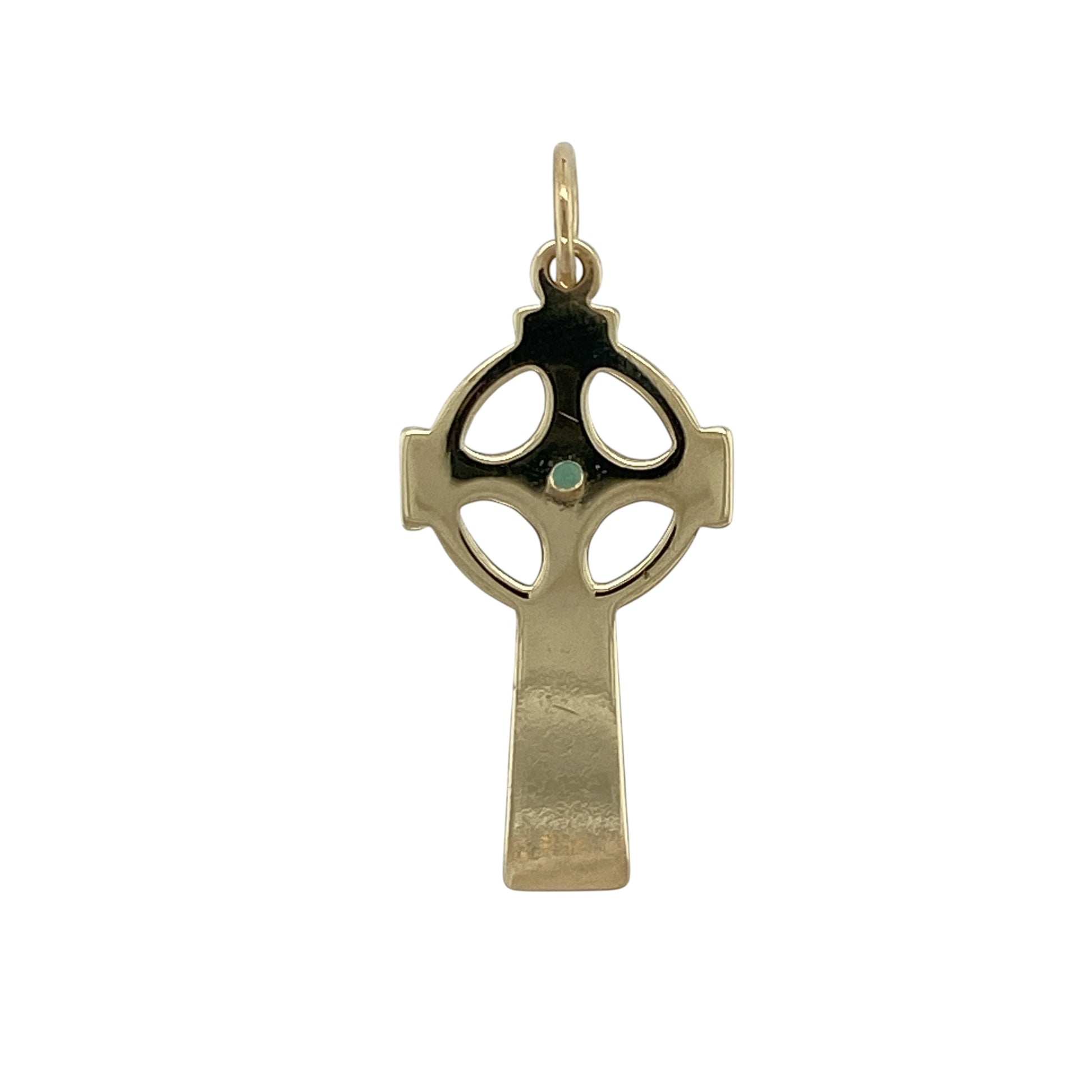 Add meaningful heritage-inspired style to your jewellery collection with this pre-owned 9ct yellow gold green stone Celtic cross pendant, featuring a timeless symbolic design with a subtle touch of colour—perfect for everyday wear, gifting, or spiritual jewellery collections.

Design: The pendant features a traditional Celtic cross design accented with a green stone measuring approximately 2mm in diameter, creating an elegant focal point within the intricate cross detailing.