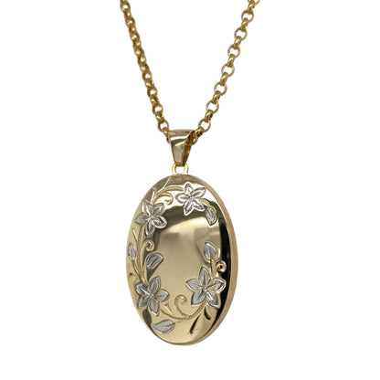 9ct Gold Flower Patterned Oval Locket 20" Necklace