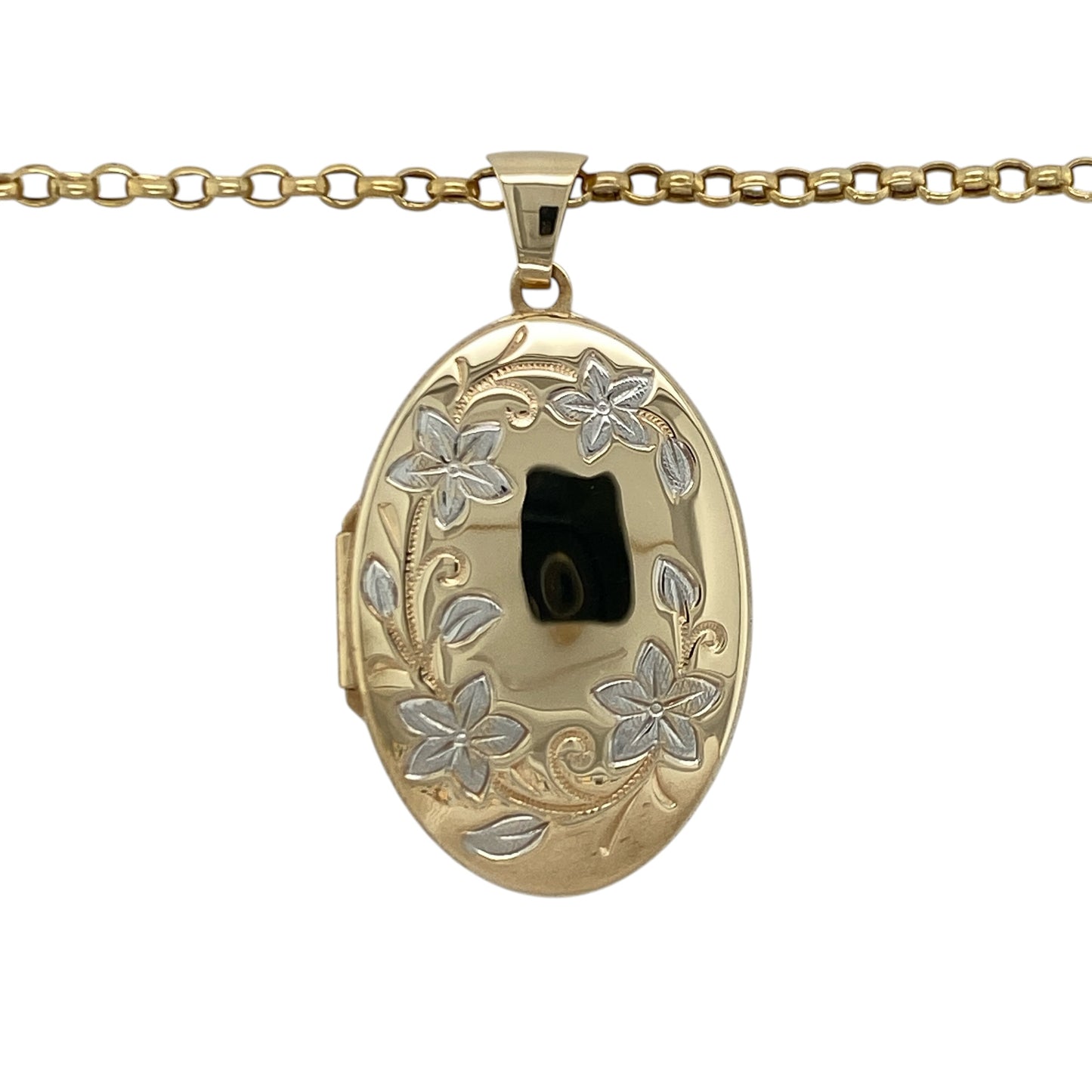 Add timeless elegance and sentimental charm to your jewellery collection with this pre-owned 9ct yellow and white gold flower patterned oval locket necklace, featuring beautiful two-tone detailing and classic vintage-inspired appeal—perfect for gifting, everyday wear, or keeping treasured memories close.

Design: The necklace features a large oval locket adorned with an attractive flower pattern, enhanced by contrasting yellow and white gold detailing for a striking and elegant appearance.