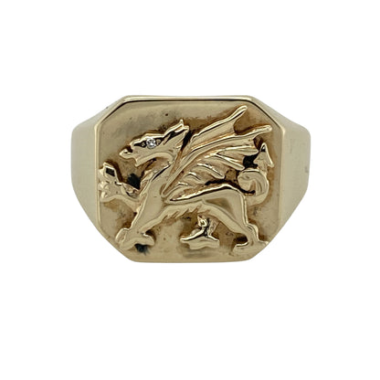 9ct Gold & Diamond Welsh Dragon Square Signet Ring
