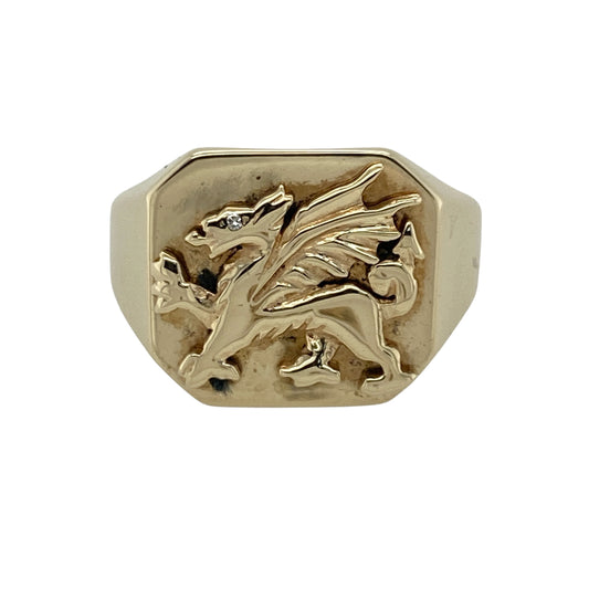 9ct Gold & Diamond Welsh Dragon Square Signet Ring