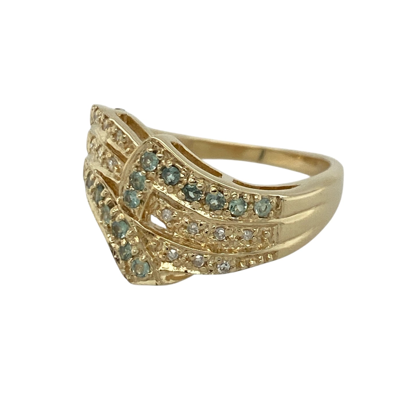 Add striking elegance and contemporary sparkle to your jewellery collection with this pre-owned 9ct yellow gold diamond and green amethyst wide band ring, featuring a bold multi-row design with beautiful colour and brilliance—perfect for special occasions, statement styling, or luxurious everyday wear.

Design: The ring features a wide band design measuring approximately 12mm high at the front, showcasing multiple rows of sparkling diamonds and soft green amethyst stones.