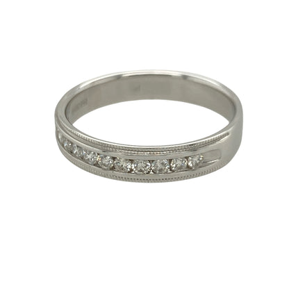 Add timeless elegance and vintage-inspired sparkle to your jewellery collection with this pre-owned 18ct white gold diamond set band ring, featuring classic milgrain detailing and refined everyday appeal—perfect for anniversaries, stacking, or sophisticated daily wear.

Design: The ring features a polished 4mm wide band accented with sparkling diamonds, creating a clean and elegant look with timeless style.