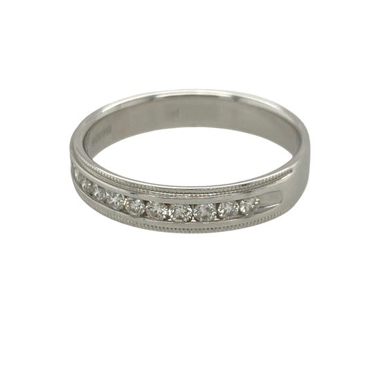Add timeless elegance and vintage-inspired sparkle to your jewellery collection with this pre-owned 18ct white gold diamond set band ring, featuring classic milgrain detailing and refined everyday appeal—perfect for anniversaries, stacking, or sophisticated daily wear.

Design: The ring features a polished 4mm wide band accented with sparkling diamonds, creating a clean and elegant look with timeless style.