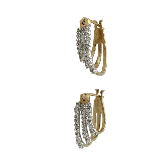 Add timeless sparkle and elegant two-tone styling to your jewellery collection with these pre-owned 9ct yellow and white gold diamond set three row creole earrings, featuring a sophisticated layered design with luxurious everyday appeal—perfect for special occasions, gifting, or refined daily wear.

Design: The earrings feature an elegant three row creole design, combining yellow and white gold tones with sparkling diamond accents to create a stylish and eye-catching look with beautiful dimension