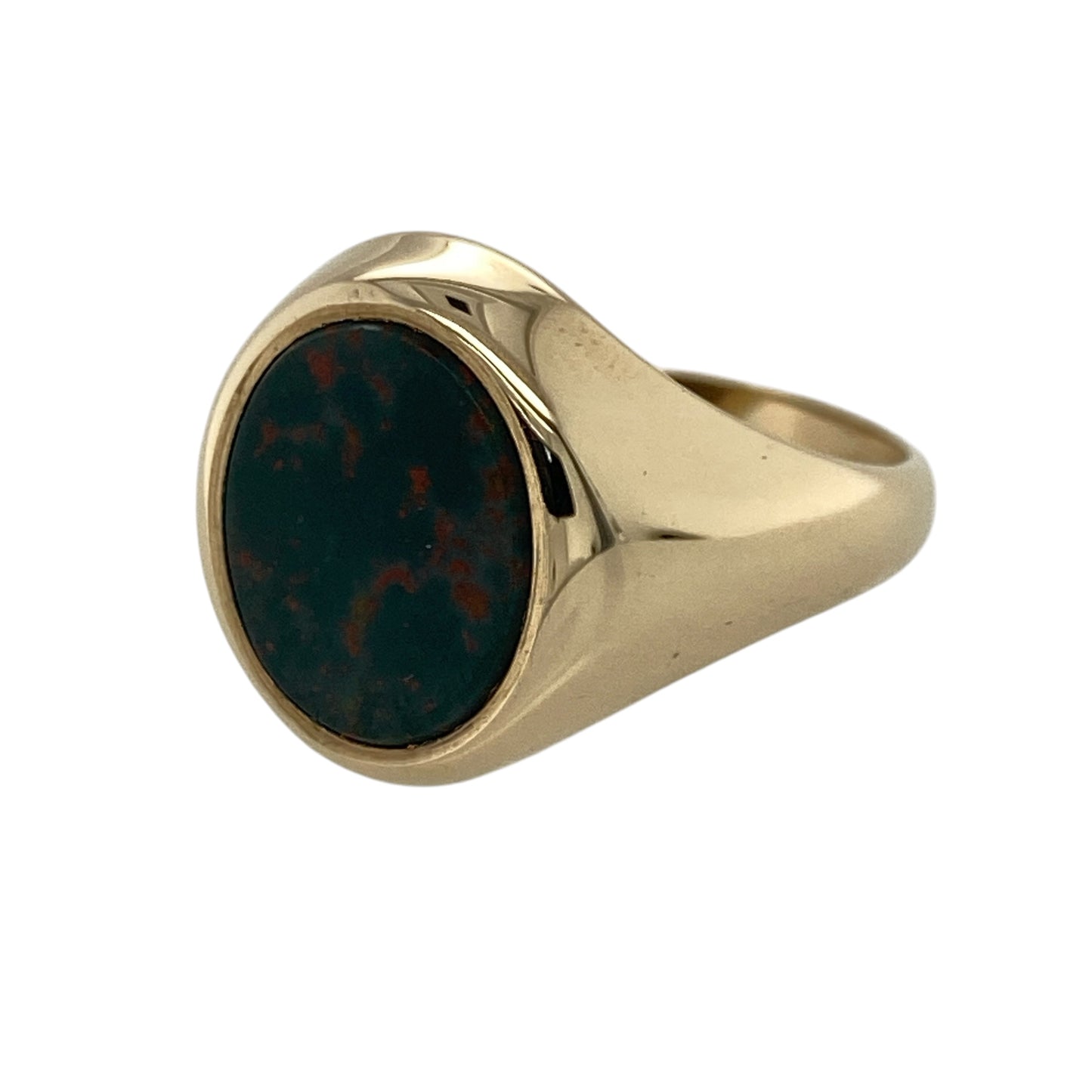 Add classic heritage style to your jewellery collection with this pre-owned 9ct yellow gold bloodstone oval signet ring, featuring a traditional gemstone design with timeless statement appeal—perfect for everyday wear, gifting, or vintage-inspired jewellery enthusiasts.

Design: The ring showcases a polished oval bloodstone measuring approximately 12mm by 10mm, creating a bold and distinguished focal point within a classic signet ring design.