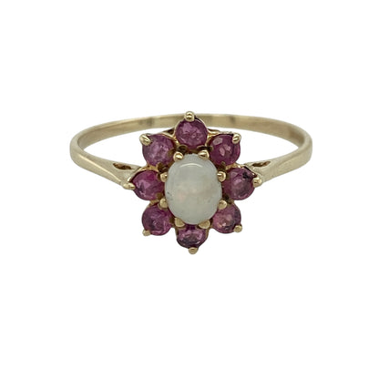 9ct Gold Opalique & Ruby Flower Cluster Ring