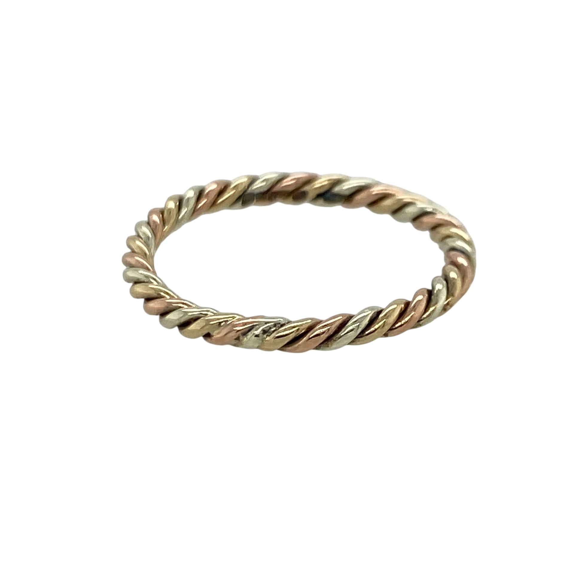 Add timeless elegance and versatile styling to your jewellery collection with this pre-owned 9ct yellow, white and rose gold twisted band ring, featuring a beautiful tri-colour design with classic everyday appeal—perfect for stacking, gifting, or effortless daily wear.

Design: The ring features an elegant twisted band design combining yellow, white, and rose gold strands, creating a distinctive tri-colour effect with timeless charm.