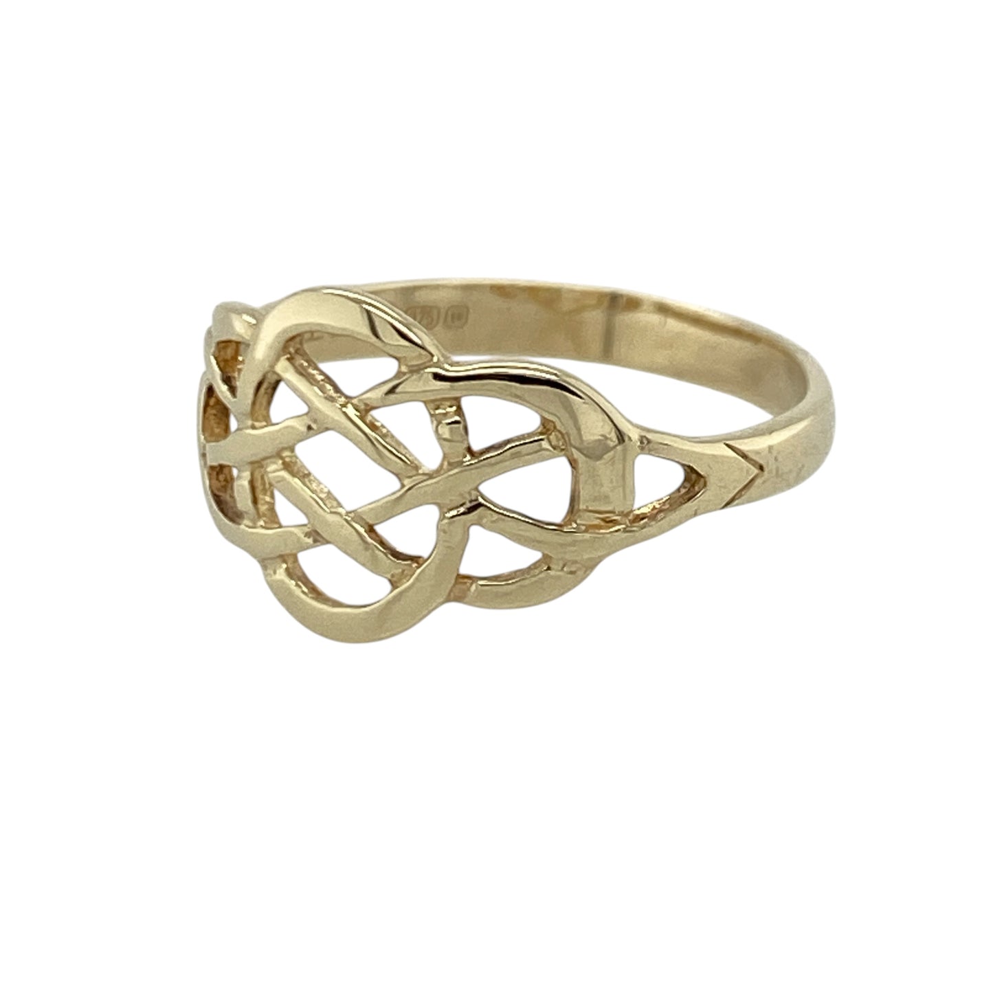 Add meaningful heritage-inspired style to your jewellery collection with this pre-owned 9ct yellow gold Celtic knot ring, featuring an intricate symbolic design with timeless everyday appeal—perfect for gifting, special occasions, or celebrating Celtic heritage.

Design: The ring showcases an elegant Celtic knot motif across the front, measuring approximately 10mm high. The intricate interwoven pattern creates a striking and eye-catching look while reflecting traditional Celtic artistry.