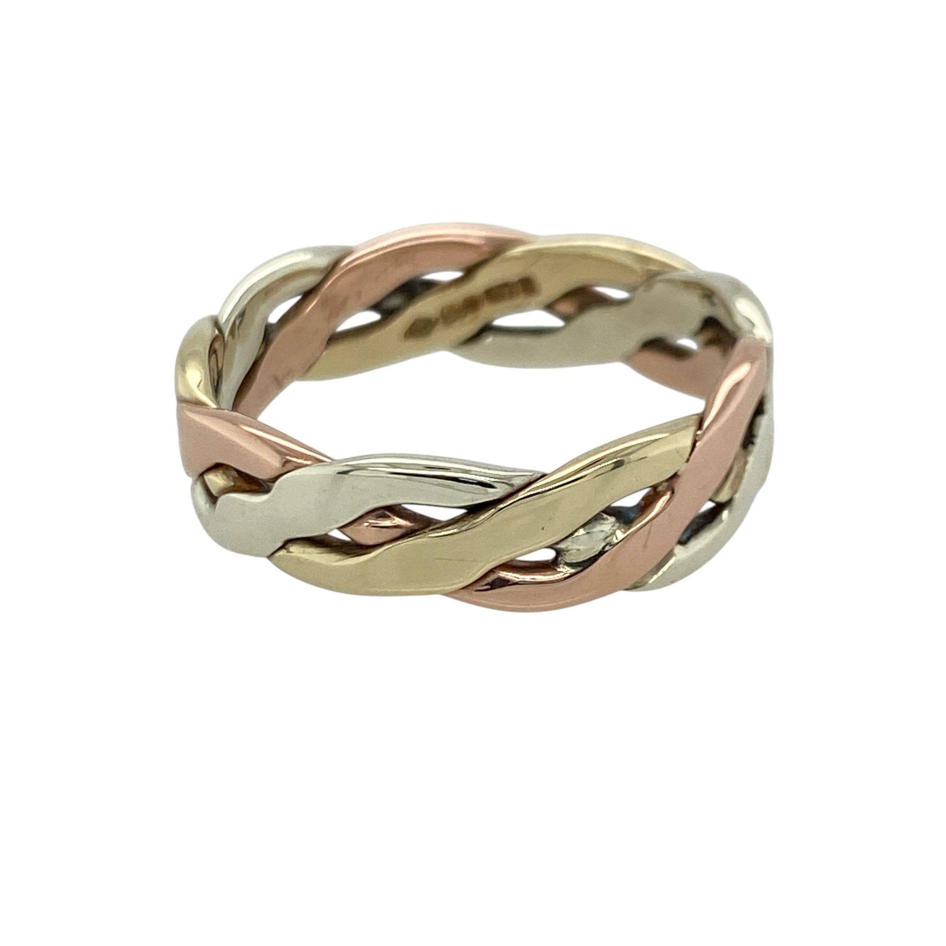 Add timeless Celtic-inspired elegance to your jewellery collection with this pre-owned 9ct yellow, white and rose gold Celtic open weave band ring, featuring intricate tri-colour detailing with meaningful everyday appeal—perfect for gifting, special occasions, or heritage-inspired styling.

Design: The ring features an attractive open weave Celtic design across a 6mm wide band, combining yellow, white, and rose gold tones to create a distinctive and eye-catching look with beautiful interwoven detailing.
