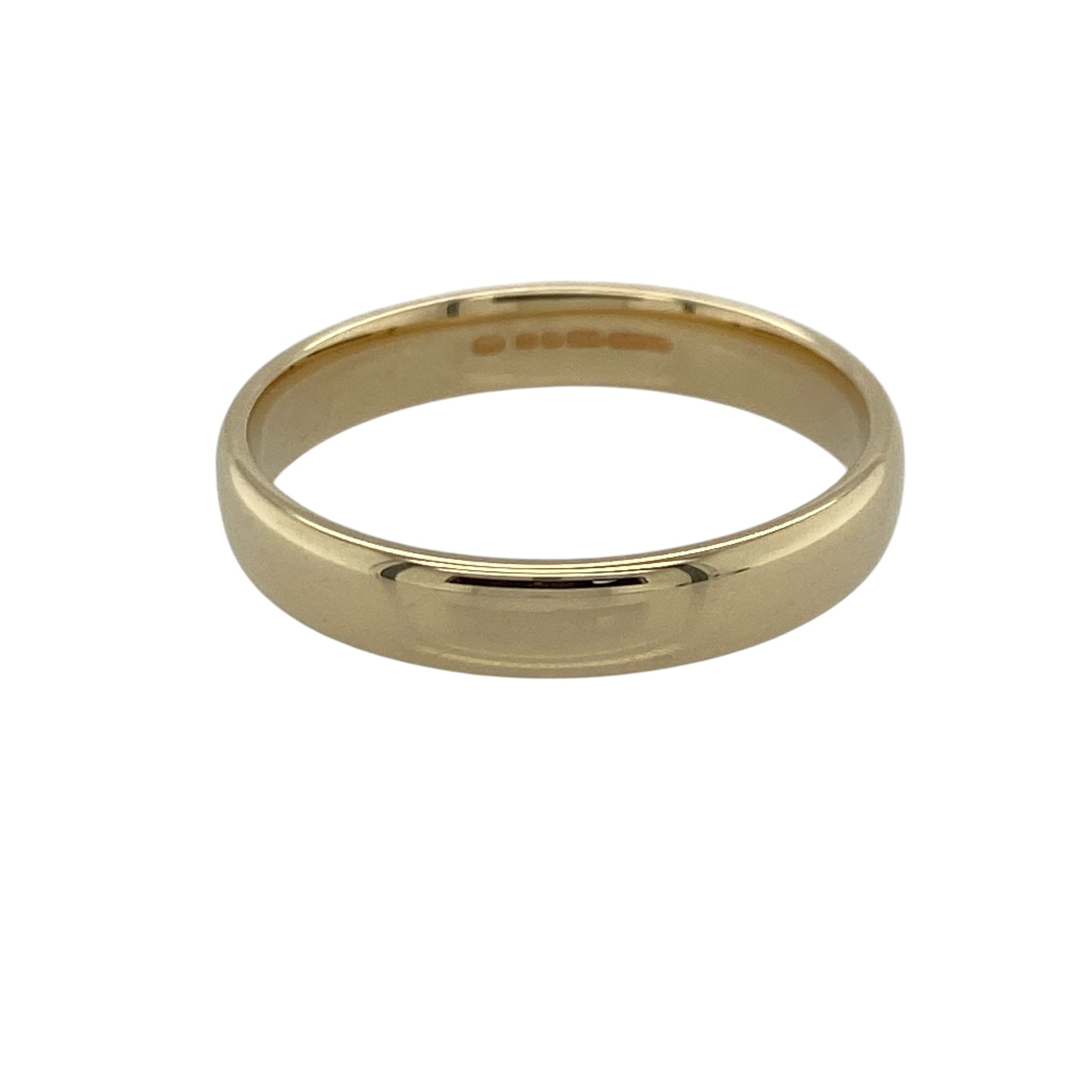 Celebrate timeless style with this pre-owned 9ct yellow gold wedding band ring, featuring a classic polished finish and traditional profile with enduring everyday appeal—perfect as a wedding ring, anniversary band, or versatile jewellery essential.

Design: The ring features a traditional plain band design with a smooth polished finish and a classic 4mm width, creating a clean and timeless look suitable for everyday wear.