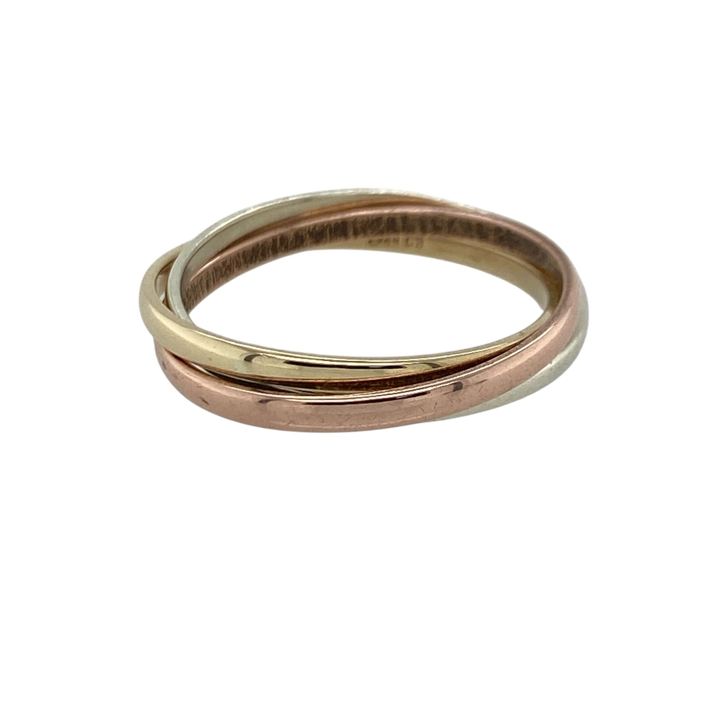 Add timeless elegance and versatile style to your jewellery collection with this pre-owned 9ct yellow, white and rose gold three band ring, featuring a classic tri-colour design with sophisticated everyday appeal—perfect for stacking, gifting, or effortless daily wear.

Design: The ring features three interlocking bands in yellow, white, and rose gold, each measuring approximately 2mm wide. Together, the bands sit at approximately 4mm wide, creating a stylish layered look with timeless charm.