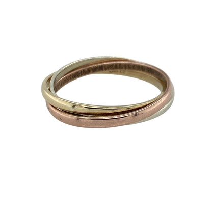Add timeless elegance and versatile style to your jewellery collection with this pre-owned 9ct yellow, white and rose gold three band ring, featuring a classic tri-colour design with sophisticated everyday appeal—perfect for stacking, gifting, or effortless daily wear.

Design: The ring features three interlocking bands in yellow, white, and rose gold, each measuring approximately 2mm wide. Together, the bands sit at approximately 4mm wide, creating a stylish layered look with timeless charm.