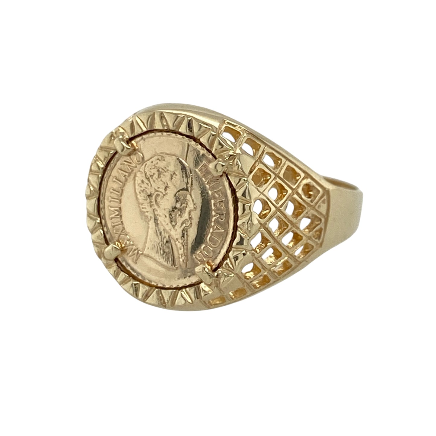 Add vintage-inspired character to your jewellery collection with this pre-owned 9ct yellow gold Imperio Mexicano coin style ring, featuring a bold historical-inspired design with timeless statement appeal—perfect for collectors, gifting, or distinctive everyday wear.

Design: The ring showcases an Imperio Mexicano coin style motif within a classic signet-inspired setting, creating a striking and eye-catching look.