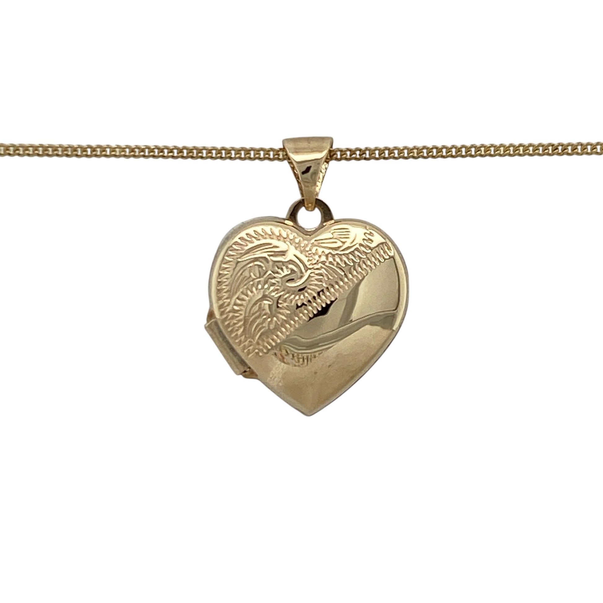 Add timeless romance and sentimental charm to your jewellery collection with this pre-owned 9ct yellow gold patterned heart locket necklace, featuring elegant detailing and classic everyday appeal—perfect for gifting, special occasions, or keeping treasured memories close.

Design: The necklace features a beautifully patterned heart-shaped locket measuring approximately 2.2cm in length including the bail.