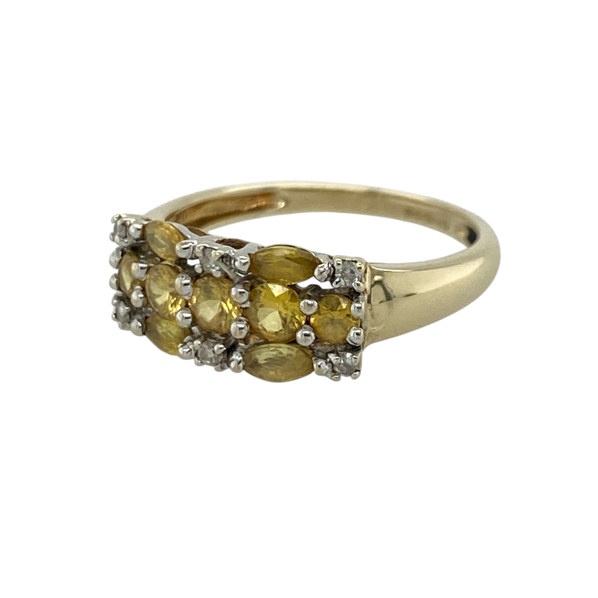 Add vibrant colour and luxurious sparkle to your jewellery collection with this pre-owned 9ct yellow gold diamond and yellow sapphire ring, featuring an elegant multi-row design with timeless statement appeal—perfect for special occasions, gifting, or sophisticated everyday wear.

Design: The ring features a beautiful three-row band design measuring approximately 7mm wide at the front, set with sparkling diamonds alongside a combination of round and marquise-cut yellow sapphire stones.