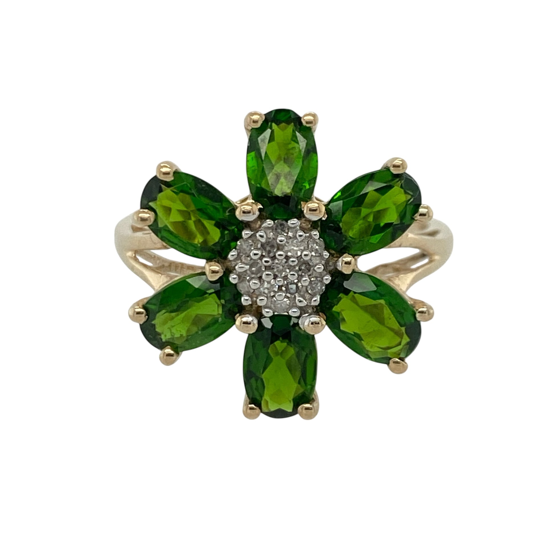 9ct Gold Diamond & Chrome Diopside Flower Ring