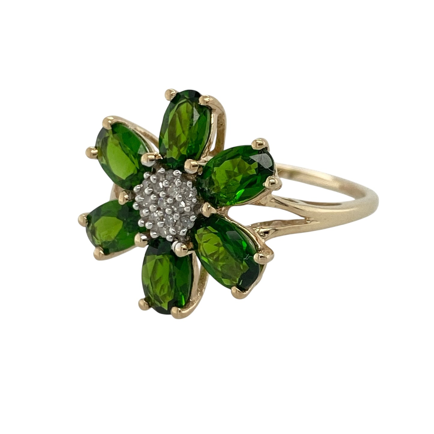 Add vibrant colour and elegant sparkle to your jewellery collection with this pre-owned 9ct yellow gold diamond and chrome diopside flower ring, featuring a beautiful floral-inspired design with timeless gemstone appeal—perfect for special occasions, gifting, or sophisticated everyday wear.

Design: The ring showcases an elegant flower cluster design formed from oval chrome diopside stones, each measuring approximately 6mm by 4mm.