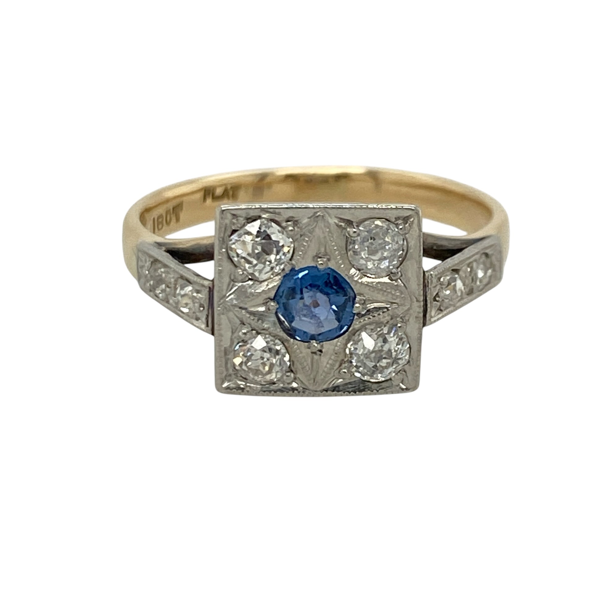18ct Gold & Platinum Diamond & Sapphire Art Deco Style Cluster Ring