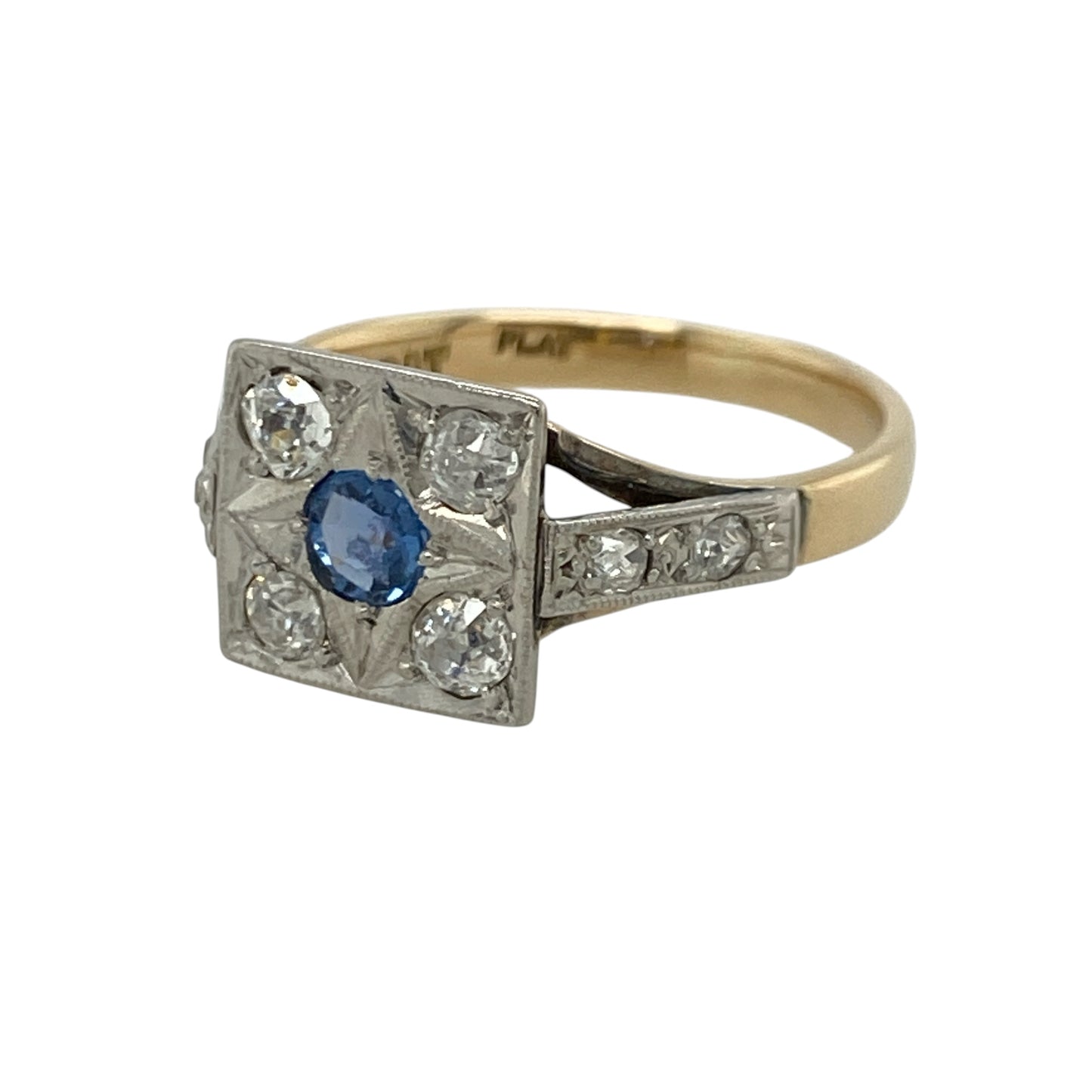 Add vintage-inspired elegance to your jewellery collection with this pre-owned 18ct yellow gold and platinum diamond and sapphire Art Deco style cluster ring, featuring a sophisticated geometric design with timeless sparkle and colour—perfect for special occasions, gifting, or refined everyday wear.

Design: The ring showcases a beautiful round sapphire centre stone measuring approximately 4mm in diameter, surrounded by sparkling diamonds in an elegant Art Deco style cluster setting.
