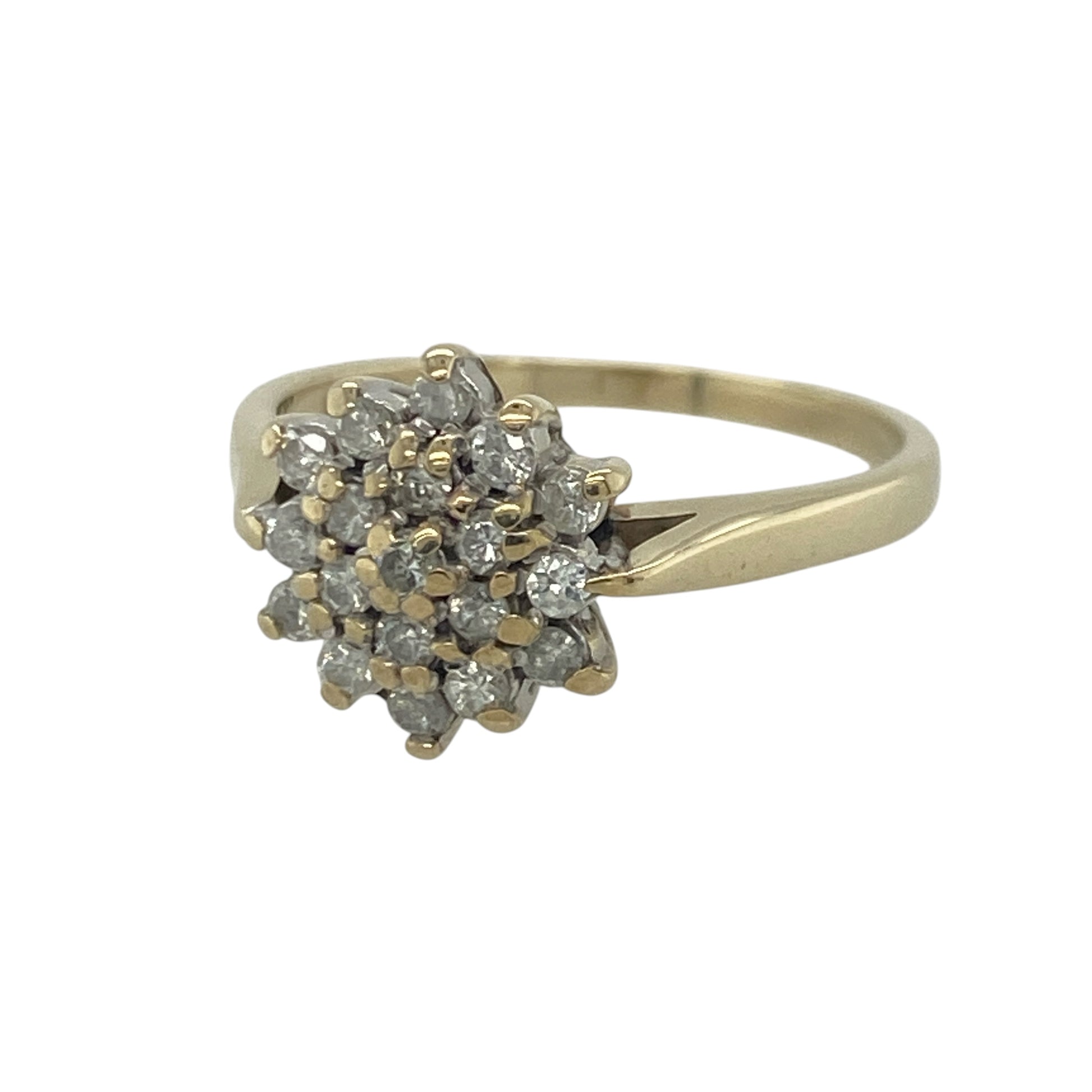 Add timeless sparkle and feminine elegance to your jewellery collection with this pre-owned 9ct yellow gold diamond flower cluster ring, featuring a beautiful floral-inspired design with classic everyday appeal—perfect for special occasions, gifting, or sophisticated daily wear.

Design: The ring showcases an elegant flower cluster arrangement of sparkling diamonds, measuring approximately 11mm high at the front.