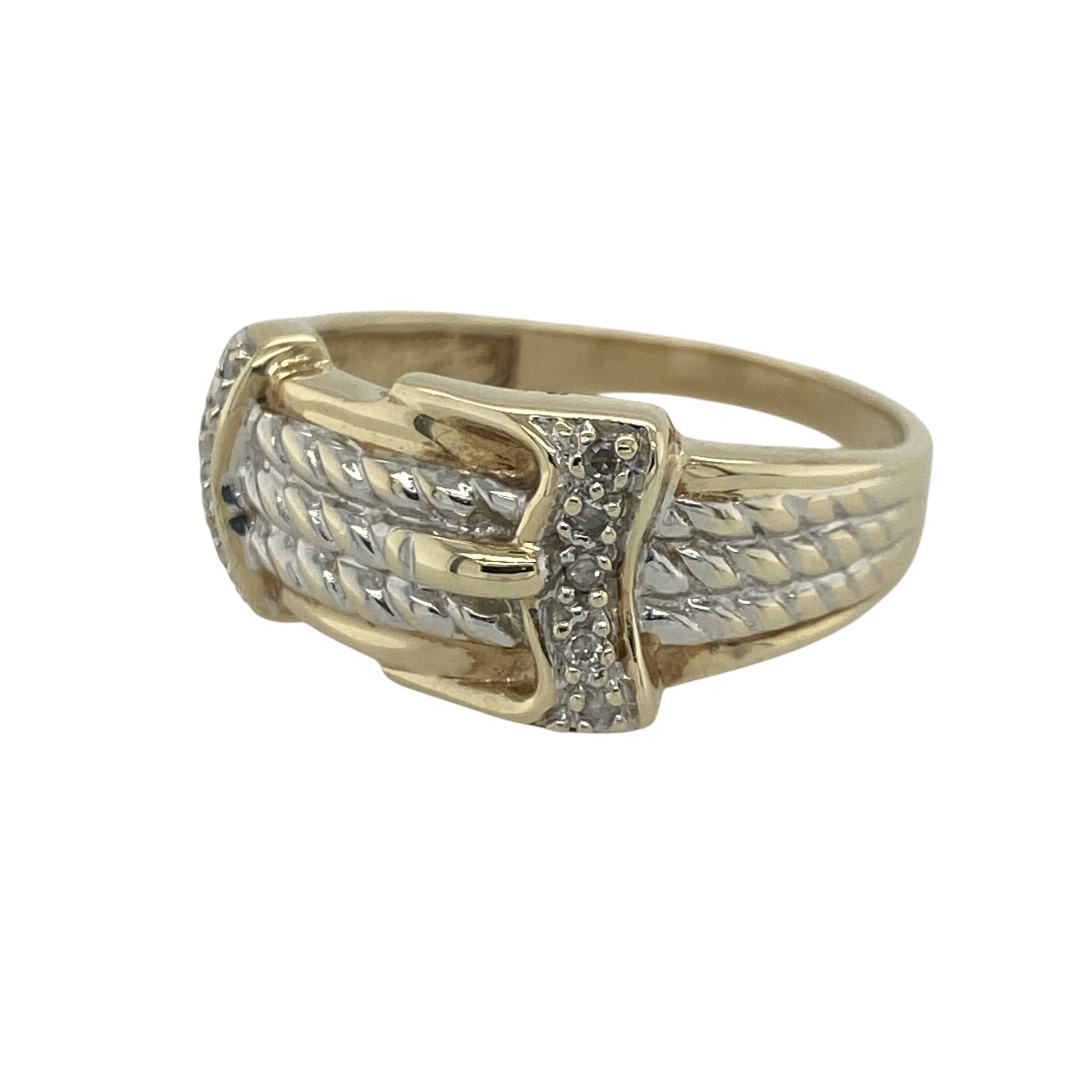 Add distinctive style and timeless sparkle to your jewellery collection with this pre-owned 9ct yellow and white gold diamond buckle ring, featuring a symbolic buckle design with elegant two-tone detailing—perfect for special occasions, gifting, or statement everyday wear.

Design: The ring showcases a striking buckle-inspired design measuring approximately 10mm high at the front, accented with sparkling diamonds for added brilliance.