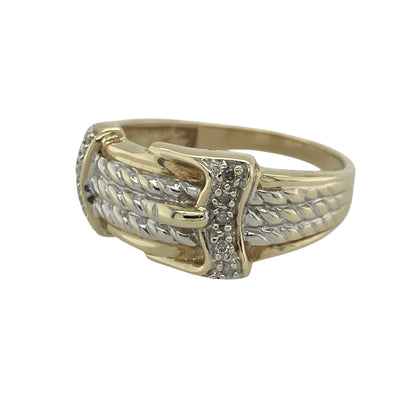 Add distinctive style and timeless sparkle to your jewellery collection with this pre-owned 9ct yellow and white gold diamond buckle ring, featuring a symbolic buckle design with elegant two-tone detailing—perfect for special occasions, gifting, or statement everyday wear.

Design: The ring showcases a striking buckle-inspired design measuring approximately 10mm high at the front, accented with sparkling diamonds for added brilliance.