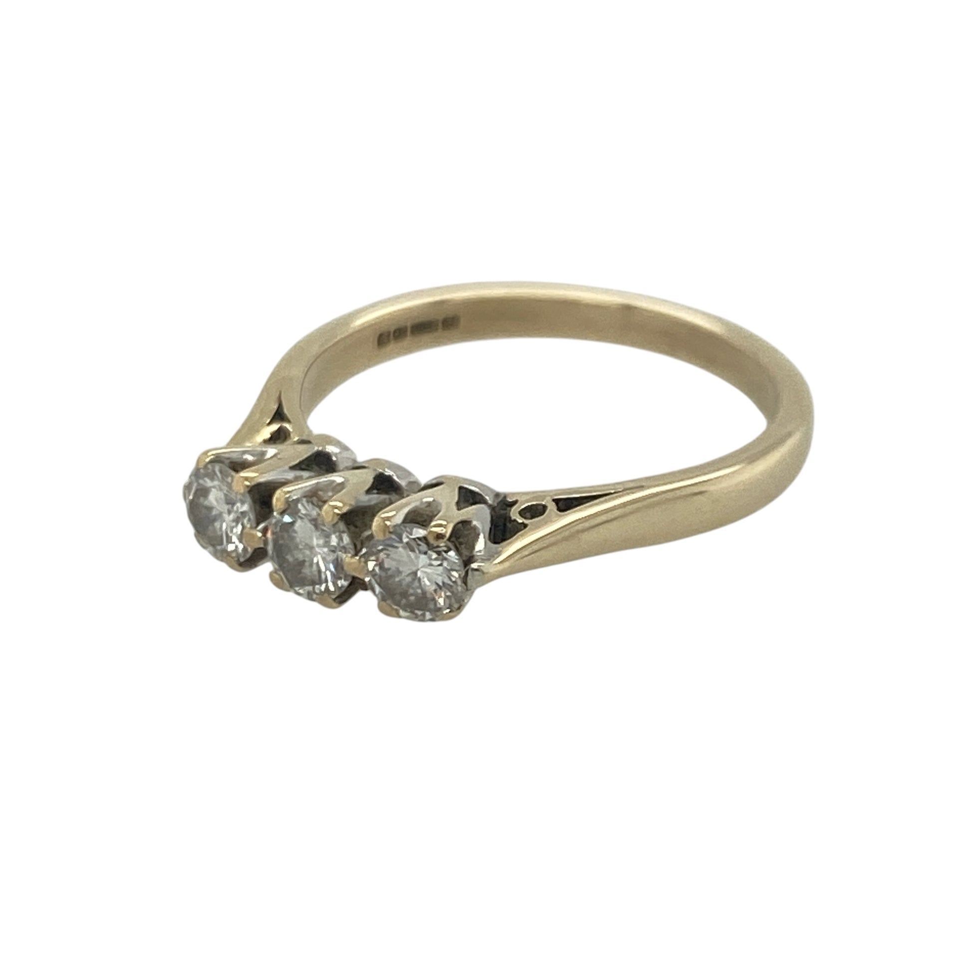 Add timeless sparkle and classic elegance to your jewellery collection with this pre-owned 9ct yellow gold diamond trilogy ring, featuring a beautiful three-stone design with enduring appeal—perfect for anniversaries, special occasions, or sophisticated everyday wear.

Design: The ring showcases three sparkling diamonds arranged in a classic trilogy setting, creating a balanced and elegant look with approximately 0.30ct of total diamond content.