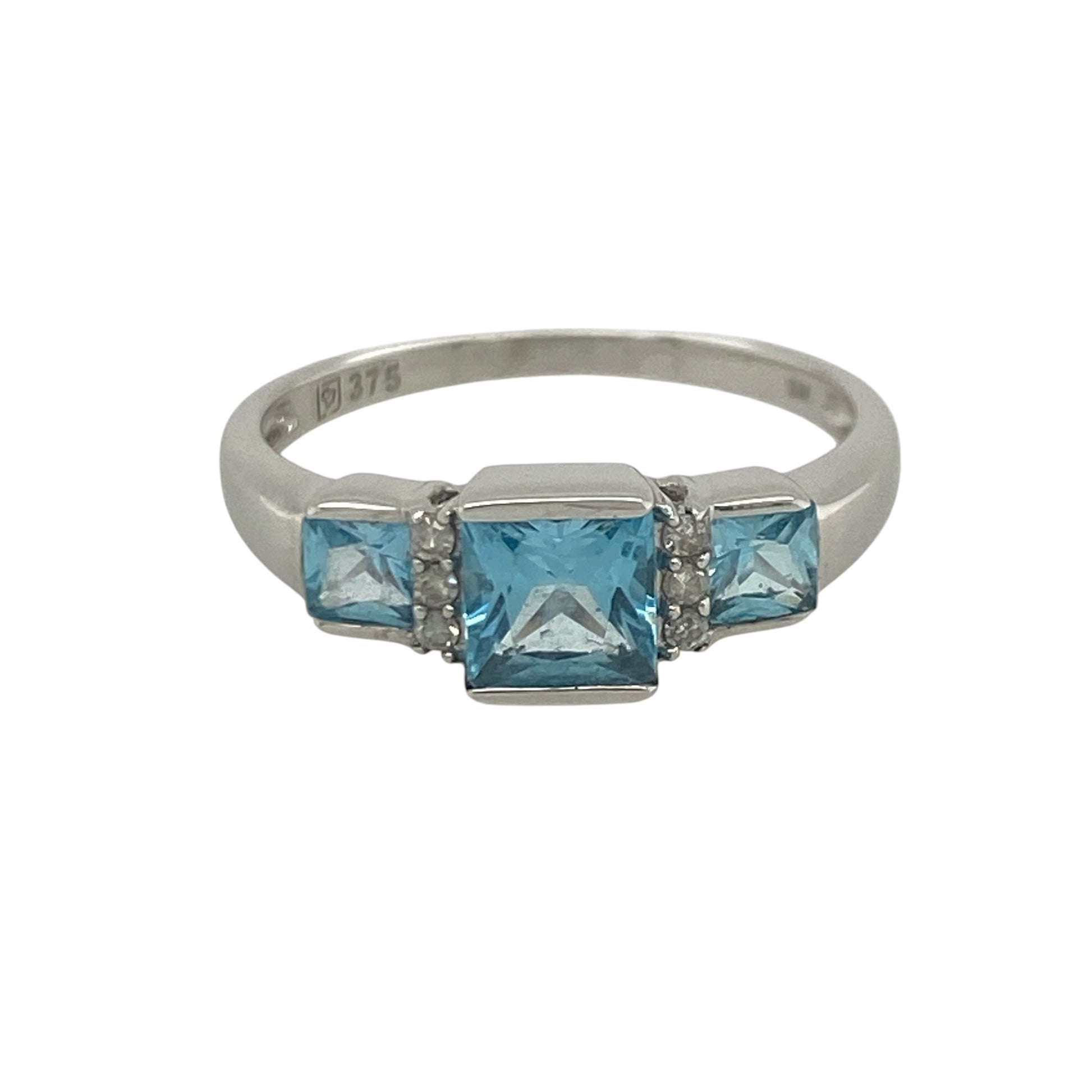 9ct White Gold Diamond & Blue Topaz Trilogy Ring