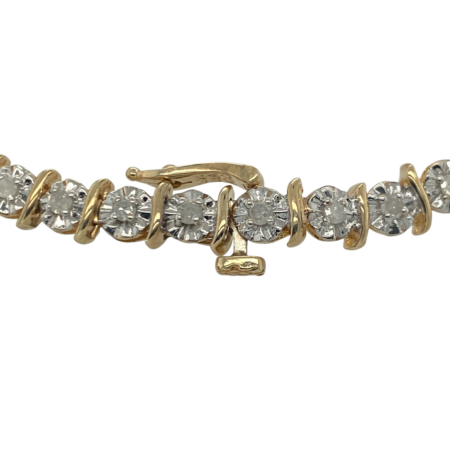 Add timeless sparkle and elegant two-tone styling to your jewellery collection with this pre-owned 9ct yellow gold and white gold illusion set diamond bracelet, featuring a sophisticated design with luxurious everyday appeal—perfect for special occasions, gifting, or refined daily wear.

Design: The bracelet features a stylish link design measuring approximately 5mm wide, accented with illusion-set diamonds in contrasting white gold settings.