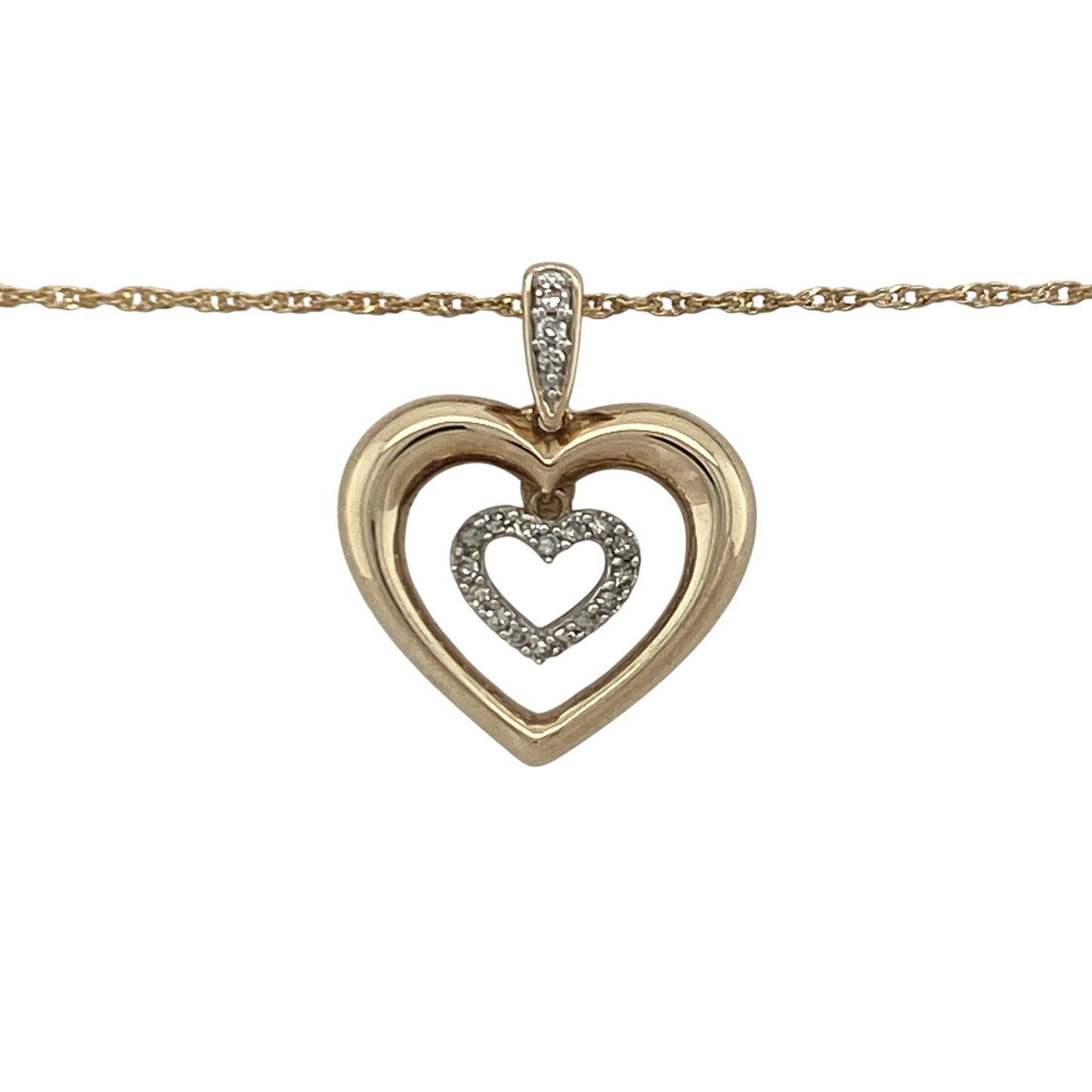 Add a touch of romance and timeless sparkle to your jewellery collection with this pre-owned 9ct yellow and white gold diamond open double heart pendant necklace, featuring an elegant two-tone design with meaningful everyday appeal—perfect for gifting, anniversaries, or special occasions.

Design: The necklace features a beautiful open double heart pendant measuring approximately 2cm in length including the bail.