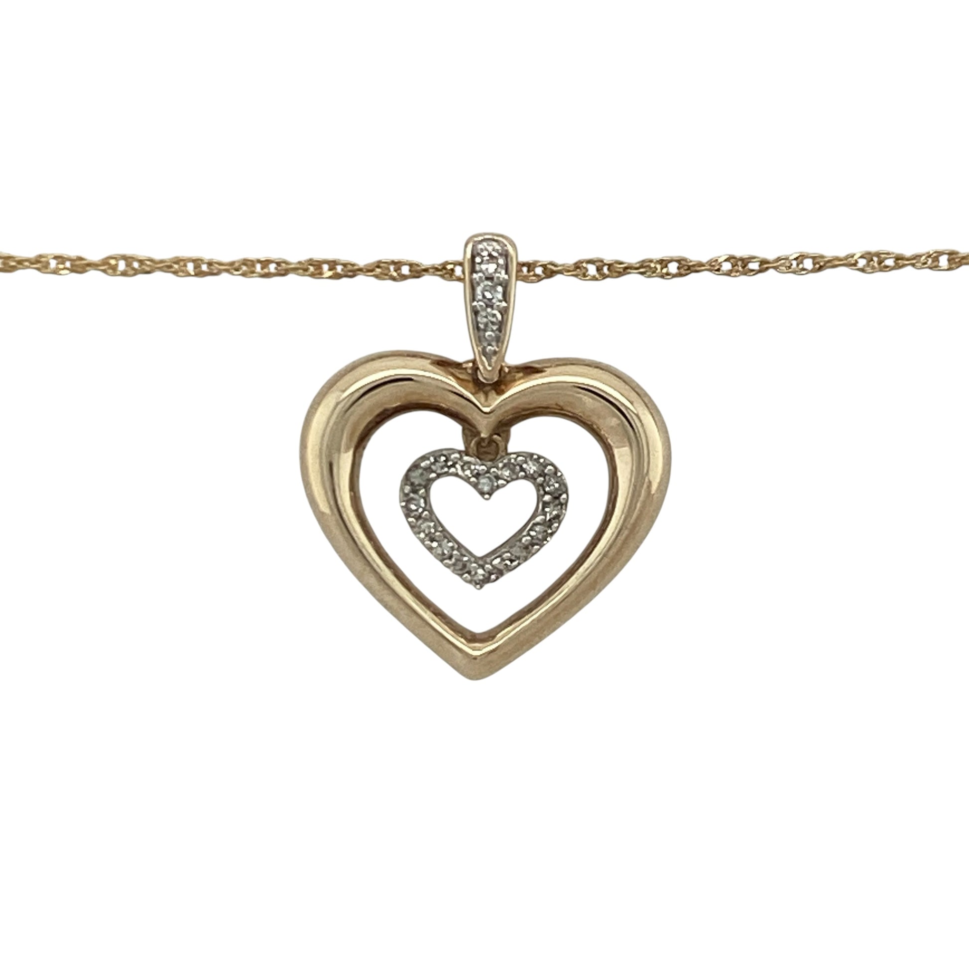 Add a touch of romance and timeless sparkle to your jewellery collection with this pre-owned 9ct yellow and white gold diamond open double heart pendant necklace, featuring an elegant two-tone design with meaningful everyday appeal—perfect for gifting, anniversaries, or special occasions.

Design: The necklace features a beautiful open double heart pendant measuring approximately 2cm in length including the bail.