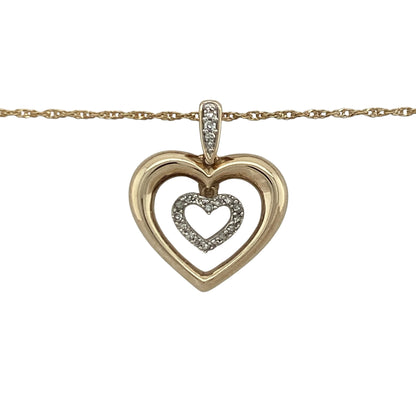 Add a touch of romance and timeless sparkle to your jewellery collection with this pre-owned 9ct yellow and white gold diamond open double heart pendant necklace, featuring an elegant two-tone design with meaningful everyday appeal—perfect for gifting, anniversaries, or special occasions.

Design: The necklace features a beautiful open double heart pendant measuring approximately 2cm in length including the bail.