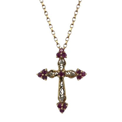 9ct Gold Diamond & Ruby Filigree Style Cross 20" Necklace