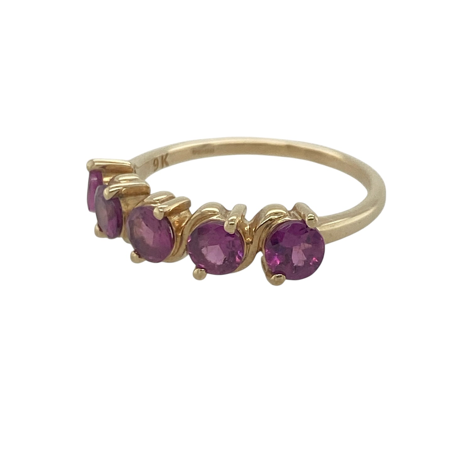 Add a beautiful touch of colour and timeless elegance to your jewellery collection with this pre-owned 9ct yellow gold five stone pink tourmaline band ring, featuring vibrant gemstones and classic styling with everyday appeal—perfect for gifting, special occasions, or refined daily wear.

Design: The ring showcases five round pink tourmaline stones, each measuring approximately 4mm in diameter, arranged in a classic band setting.