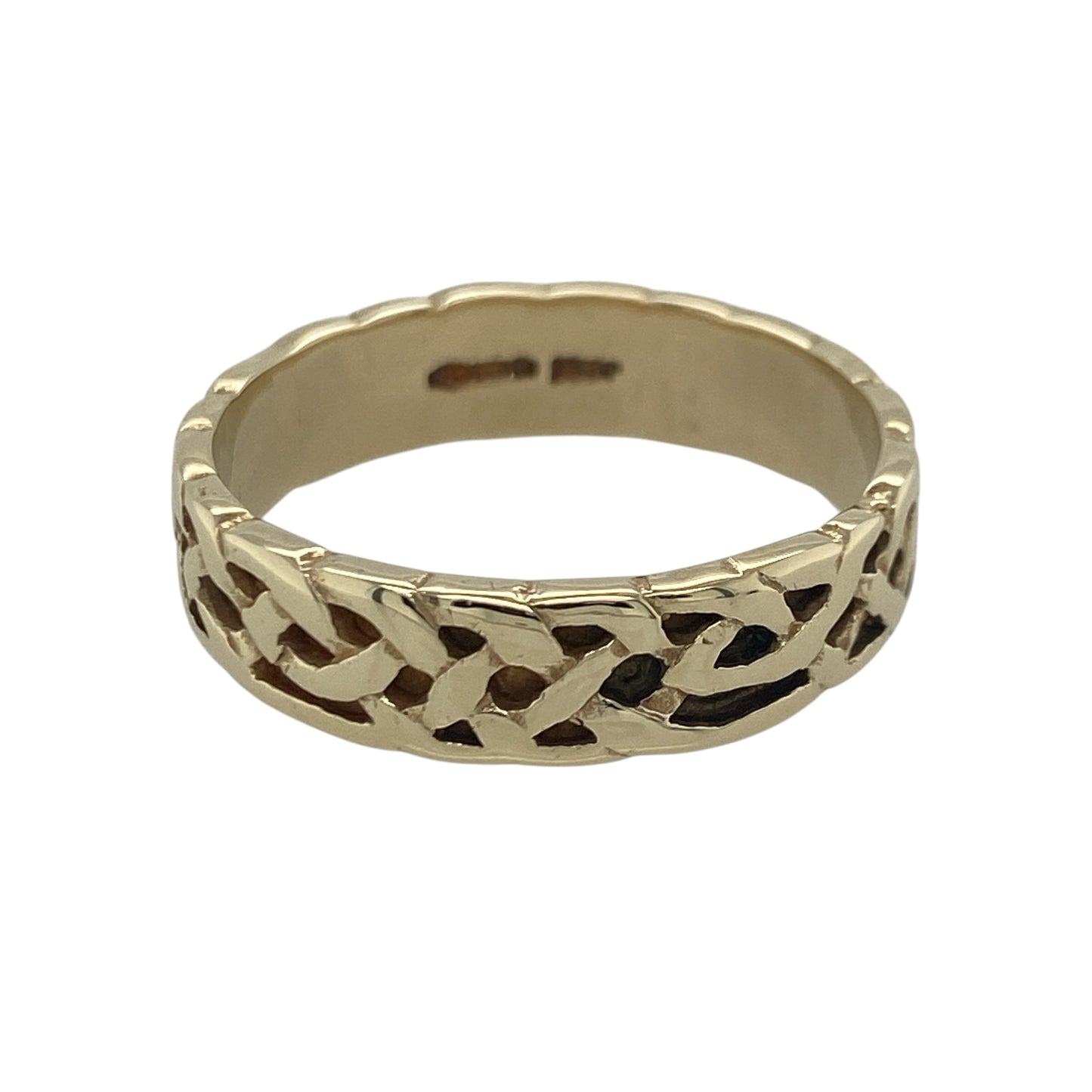 Add meaningful heritage-inspired style to your jewellery collection with this pre-owned 9ct yellow gold Celtic knot band ring, featuring intricate traditional detailing and a substantial design with timeless everyday appeal—perfect for gifting, celebrating Celtic heritage, or wearing as a distinctive statement piece.

Design: The ring features an elegant Celtic knot pattern running around the band, creating a continuous interwoven design that symbolises eternity and connection.