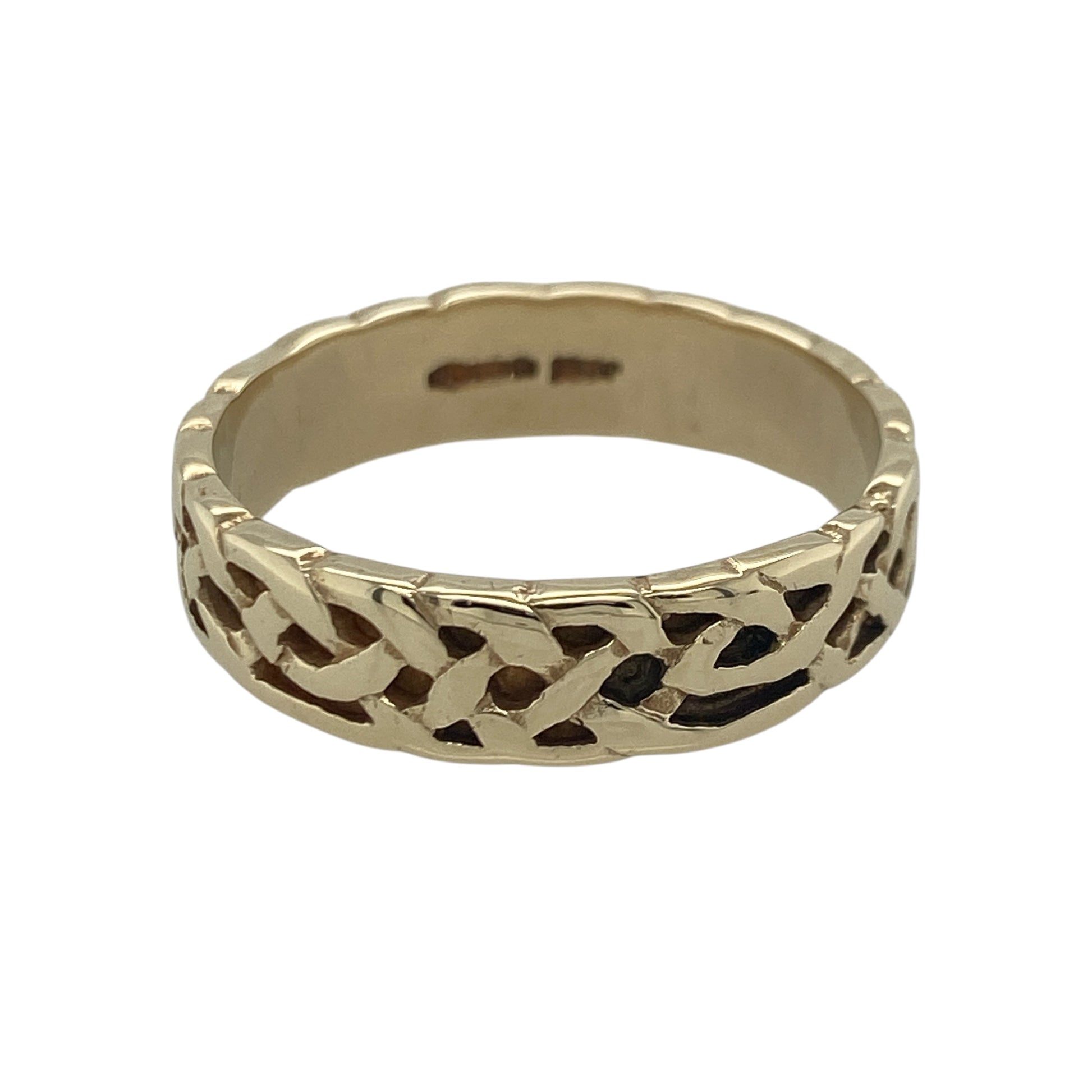 Add meaningful heritage-inspired style to your jewellery collection with this pre-owned 9ct yellow gold Celtic knot band ring, featuring intricate traditional detailing and a substantial design with timeless everyday appeal—perfect for gifting, celebrating Celtic heritage, or wearing as a distinctive statement piece.

Design: The ring features an elegant Celtic knot pattern running around the band, creating a continuous interwoven design that symbolises eternity and connection.