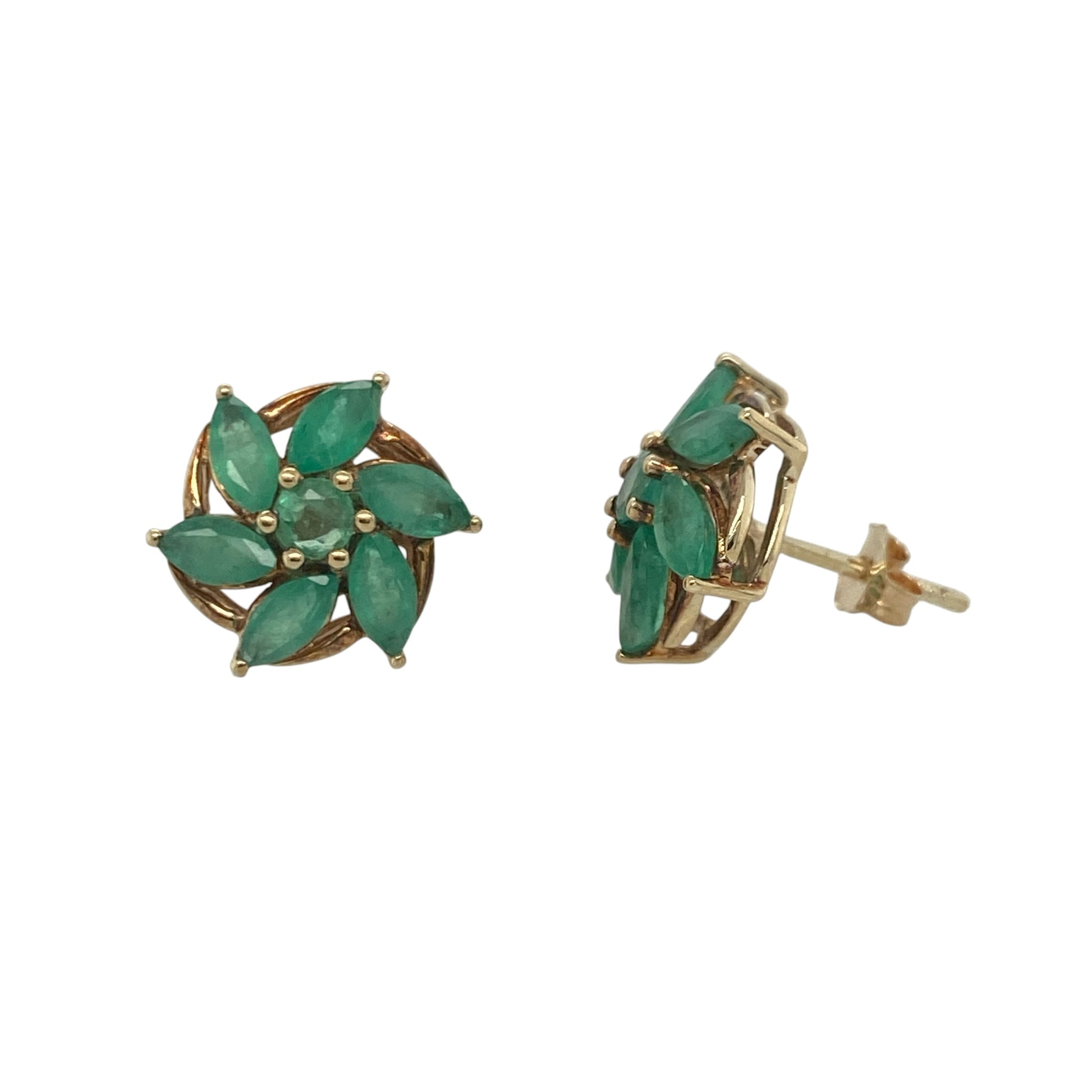 9ct Gold & Emerald Flower Cluster Stud Earrings